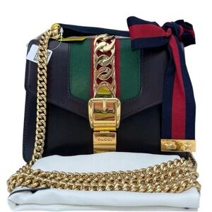 Gucci Black and Green Crossbody Bag with Gold Accents